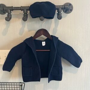 Baby Gap Navy Blue knit cardigan with bear ear hoodie & matching baby knit hat.